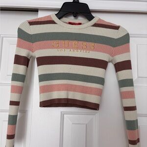 Guess Women's Striped Ribbed Crop Top - Cream, Pink, Green, Brown